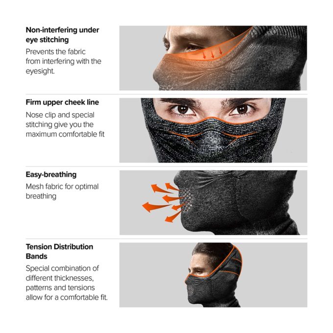 NAROO N9H - cold weather sports mask infographic with UV protection for cycling, skiing, snowboarding, running, half-balaclava