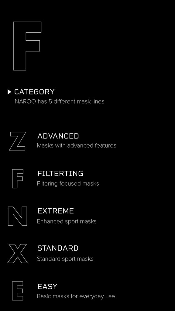 NAROO - Z advanced, f filtering, n extreme, x standard, e easy sports masks lines