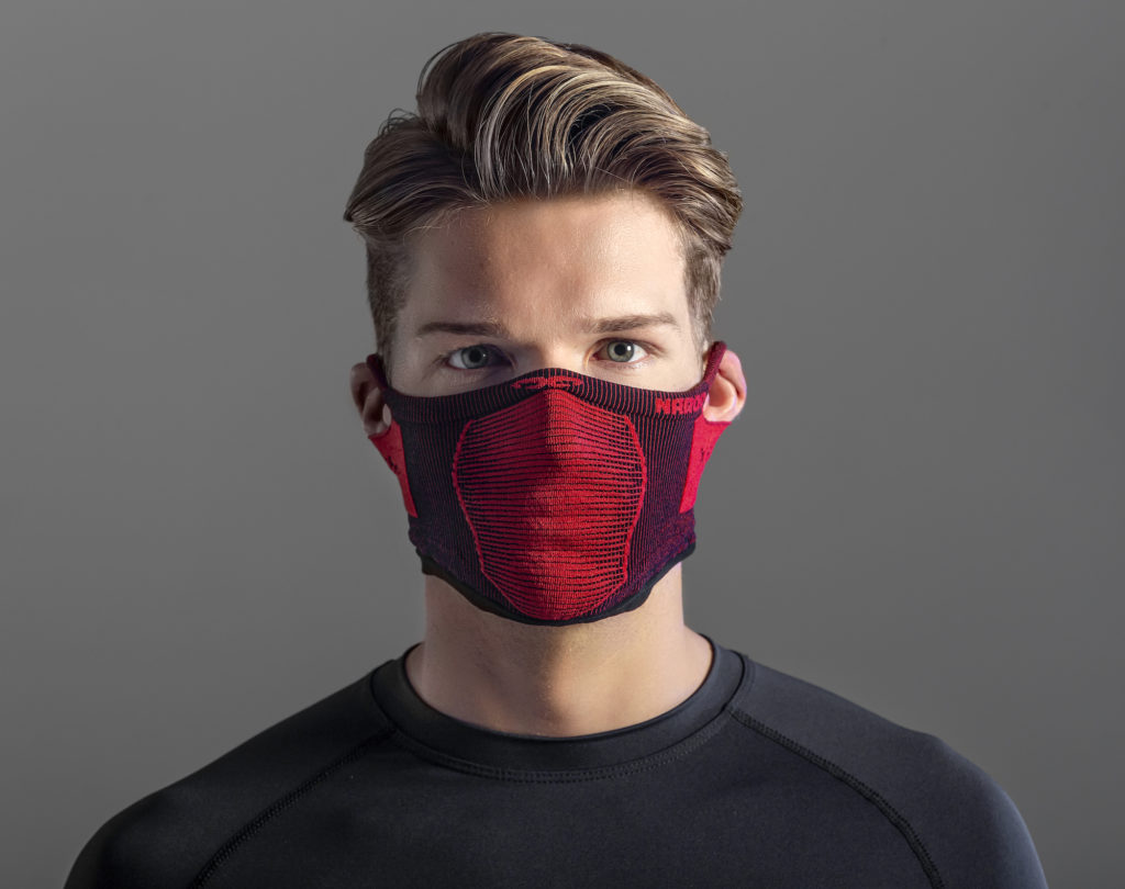 NAROO X5s - red sports mask on model for UV protection, all-weather, mesh fabric, quick-dry fabric, and ear loops