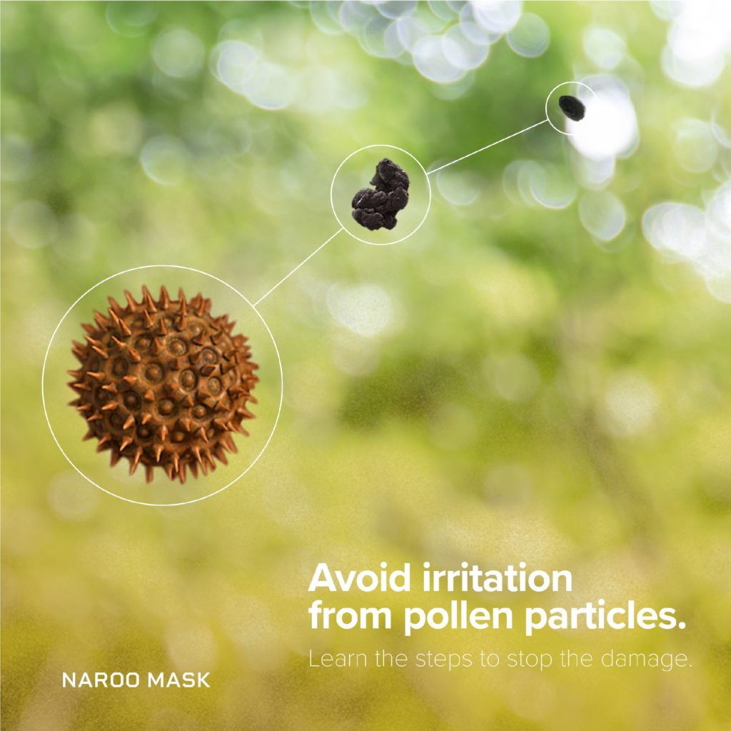 NAROO Mask - filtering graphic of pollen, dust, and fine dust particles that says 'avoid irritation from pollen particles'. learn the steps to stop the damage