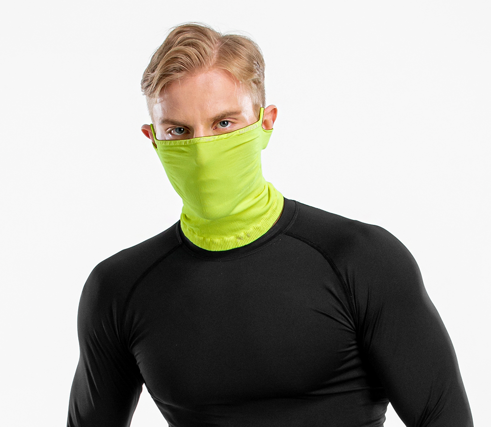 NAROO X1 - yellow mask on model in black for hot weather sports mask for UV protection in Spring and summer