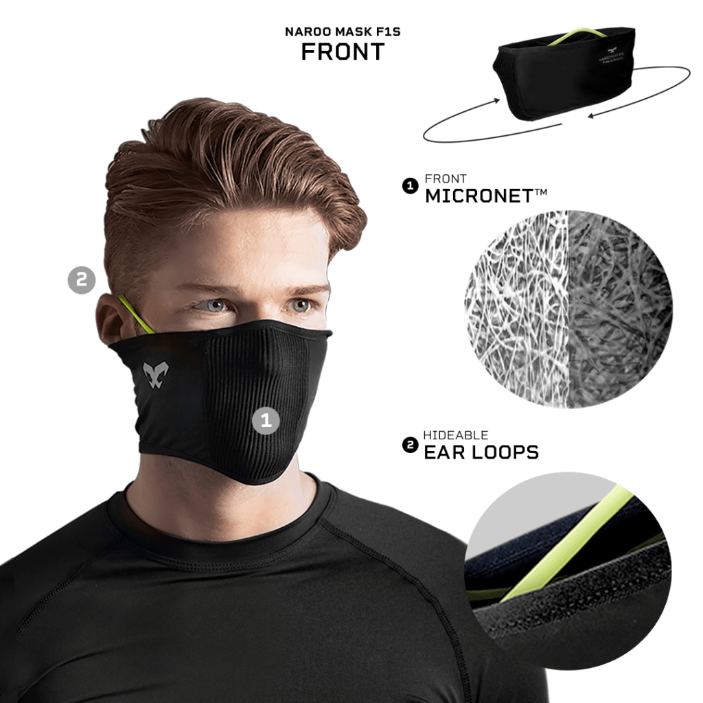 F1s - Priedušná športová maska ​​s tenkým filtrom a odvodom vlhkosti | NAROO Športové masky